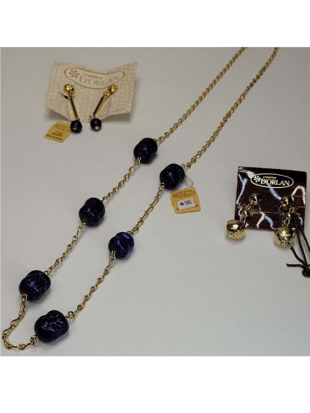 DORLAN Vintage Chain Necklace with Dark Blue Beads and 2 pairs earrings